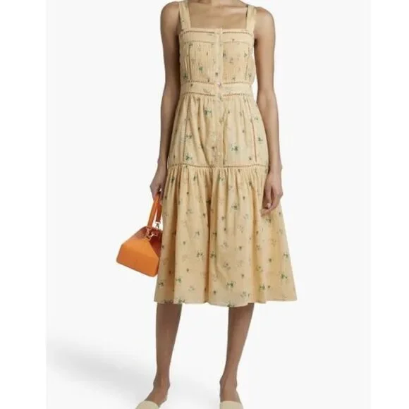 Joie Dress Sz 0 Yellow Floral Cotton Guaze Pintuck Button Front Cottagecore NWT - Picture 1 of 14